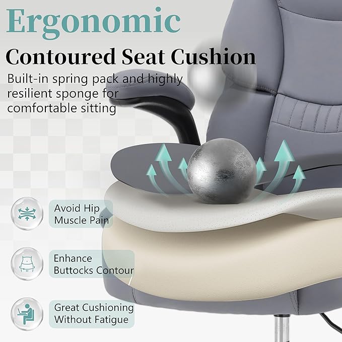 Ergonomic Drafting Chair, Tall Office Chair for Standing Desk, High Back Standing Desk Chair with Flip-Up Armrest, Adjustable Height&Foot Ring, Executive PU Leather Extended Height Office Chairs,Grey