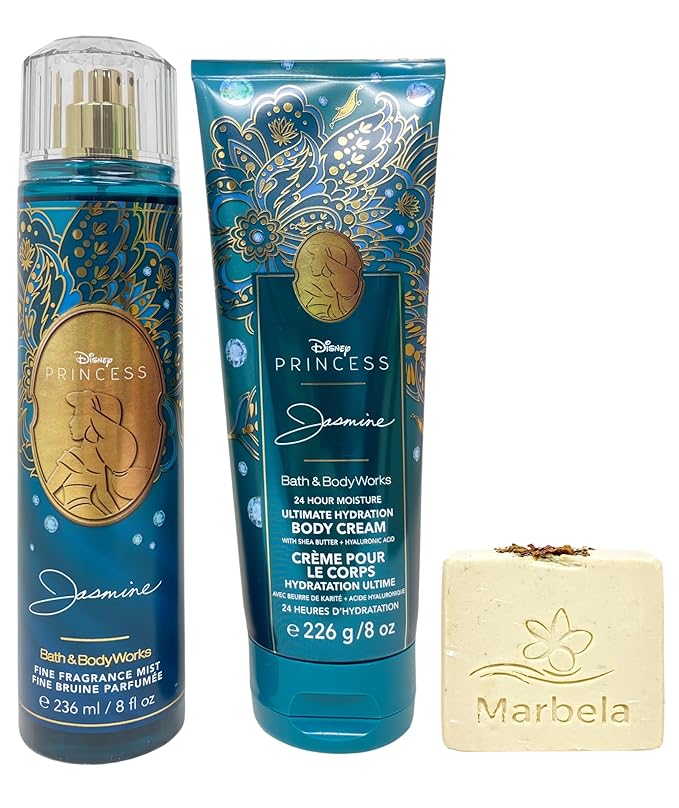 Bath & Body Works Limited Edition Princess Collection Jasmine Fine Fragrance Mist and Ultimate Hydration Body Cream with a Creamy Rose Bar Soap