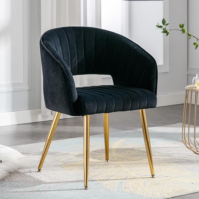 Home Office Chair Velvet Desk Chair Accent Armchair Upholstered Modern Tufted Chairs with Gold Legs for Girls Women Ergonomic Study Seat Computer Task Stools for Living Room(Black)