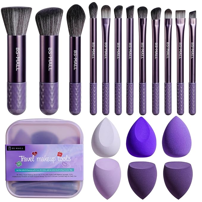 BS-MALL Travel Makeup Brush Set 12 Pcs with Super Soft Makeup Sponges 6 Pcs – Professional, Portable & Multi-Purpose Beauty Tool Kit in Silicone Cosmetic Bag for Daily Use