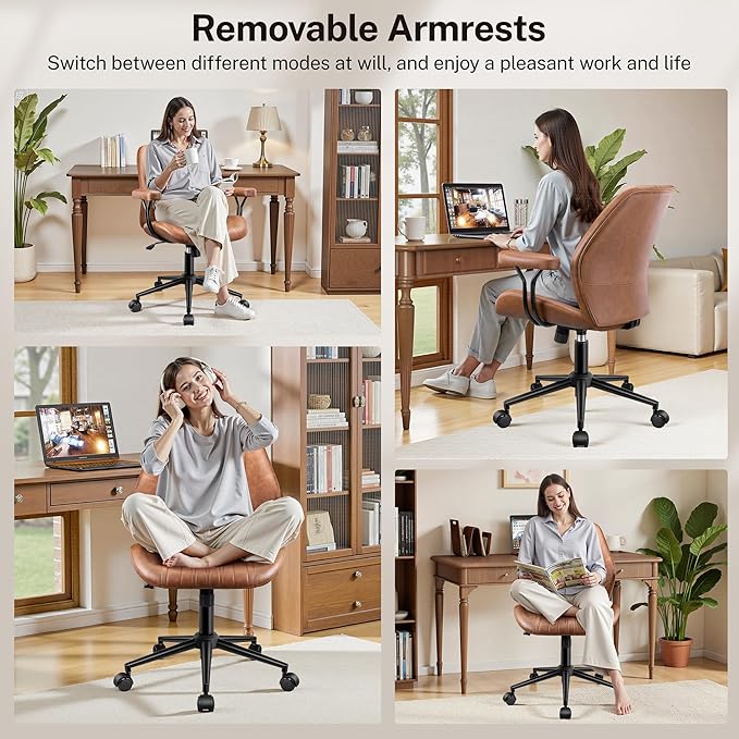 Leather Office Chair with Removable Armrests, Mid Back Ergonomic Desk Chair with Lumbar Support, Adjustable Height Rocking Swivel Executive Chair for Home Office, Brown