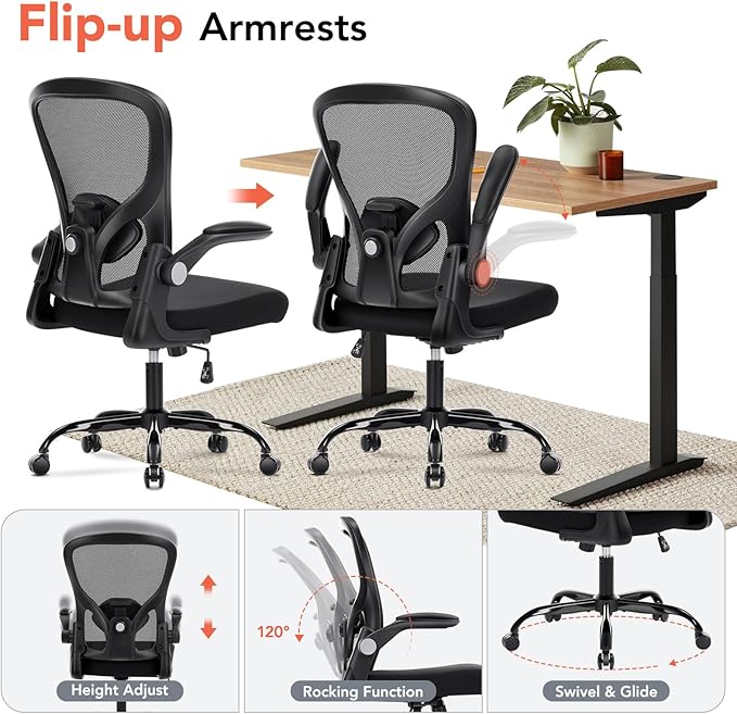 Ergonomic Office Chair, Computer Desk Chair with Adjustable Lumbar Support, Breathable Mesh Office Chair with Flip-up Armrests, Rocking Function, Comfy Home Office Desk Chair, Black
