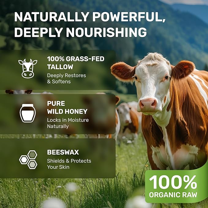 Beef Tallow for Skin – Grass Fed Whipped Tallow and Honey Balm, Face and Body Moisturizer with Beeswax and Wild Honey, 3-Ingredient Fragrance Free Non Comedogenic Formula for Dry Sensitive Skin