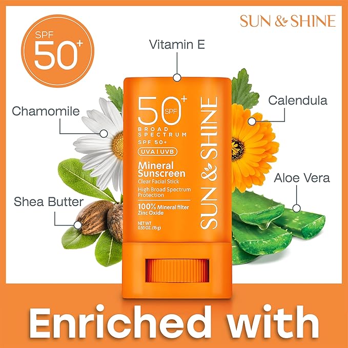 Sun & Shine clear Mineral zinc oxide STICK sunscreen SPF 50+ Sunscreen Face Stick | Vegan, Reef safe |sensitive skin Broad Spectrum Natural Sunscreen Fragrance free, Dermatologically tested