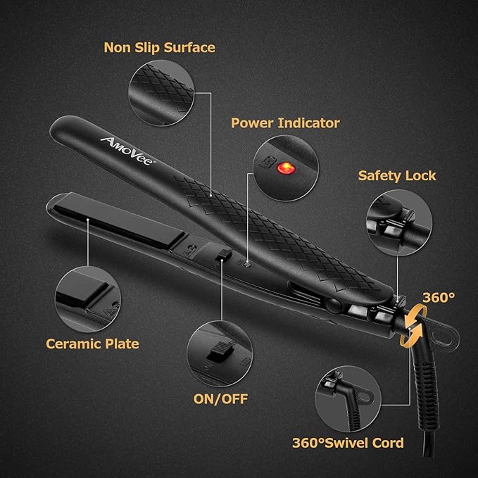 Mini Flat Iron, 0.7 Inch Mini Hair Straightener, Small Flat Iron for Short Hair,Curls Bangs, Dual Voltage Travel Hair Straightener（Black）