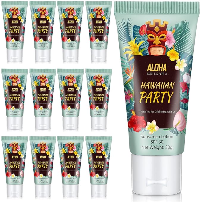 12 Pcs Mini Sunscreen Bulk for Summer Travel Size Spf 30 Water Resistant Sunscreen Lotion Bulk for Thank You Gifts Hawaiian Wedding Bridal Party Favors for Pool Wedding(Hawaiian Party)