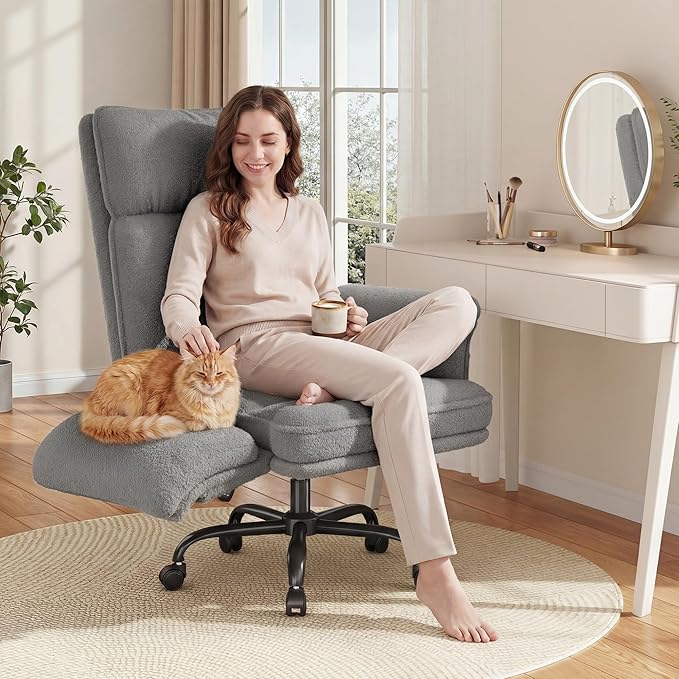 Office Chair with Wheels & Side Pockets,Flip Armrests for Pets & Cross Legged Sitting,Ergonomic Adjustable Vanity Chair –Teddy Plush Office Desk Chair for Home, Makeup and Bedroom,Grey