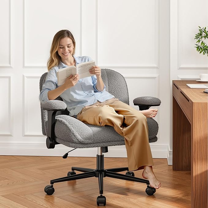 Cross Legged Office Chair with Flip-Up Arms, Wide Criss Cross Chair with Wheels & Extra-Deep Seat Thickened for Home Office, Vanity, Apartment Dorms,Plush Cushion,Comfy,Grey