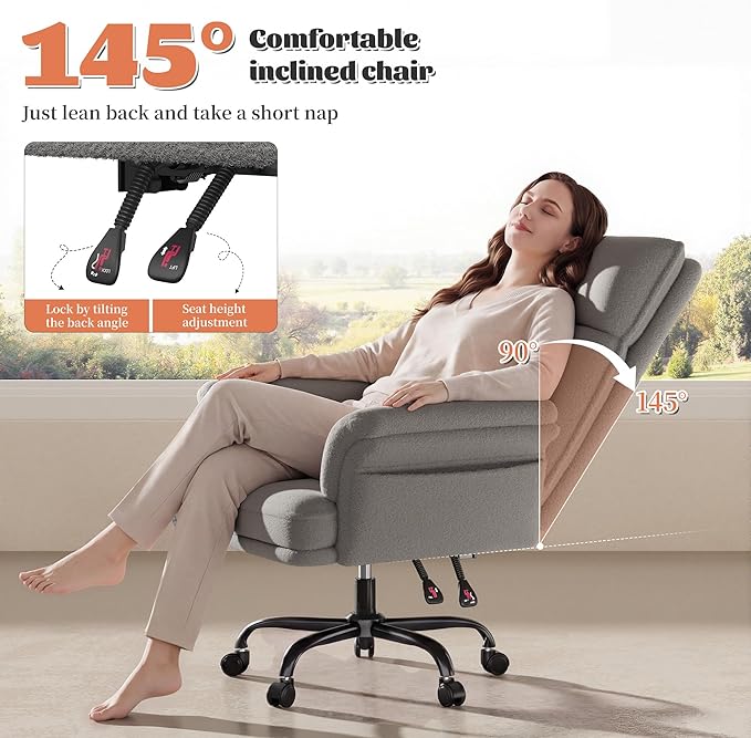 Office Chair with Wheels & Side Pockets,Flip Armrests for Pets & Cross Legged Sitting,Ergonomic Adjustable Vanity Chair –Teddy Plush Office Desk Chair for Home, Makeup and Bedroom,Grey