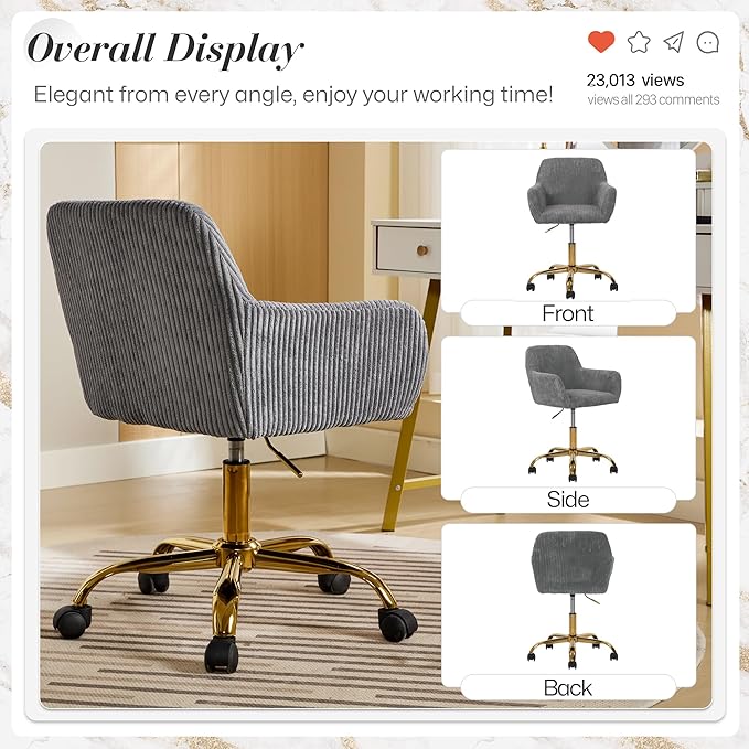Faux Fur 360°Swivel Desk Chair, Height Adjustable Home Office Armchair with Golden Base for Teens Women Girls, Upholstery Computer Chair for Home Studios, Corduroy & Dark Gray