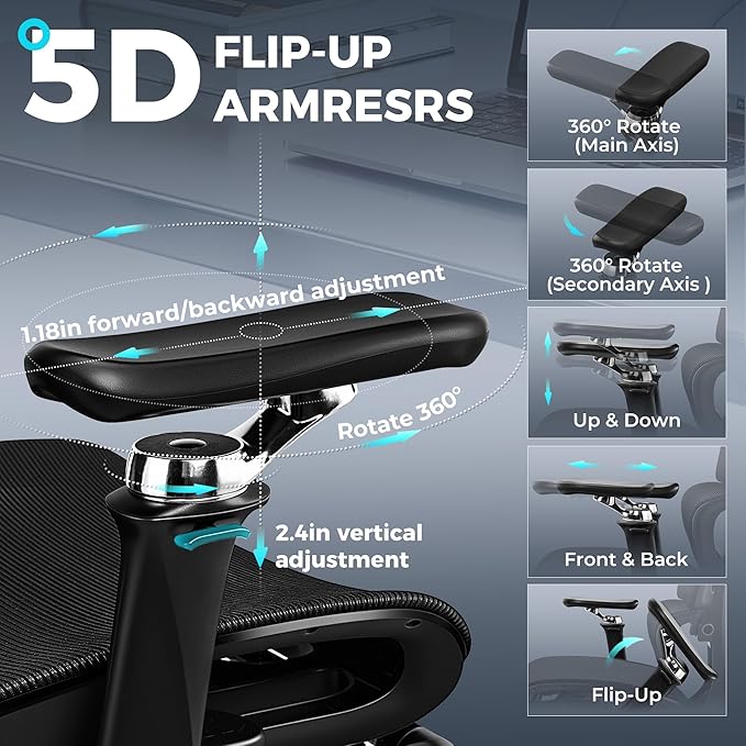 Ergonomic Office Chair with Footrest, Big and Tall Home Desk Chair, High Back Rolling Computer Chair with 5D Flip-Up Arms and Lumbar Support, Comfy Gaming Chair, Black-2 Pack