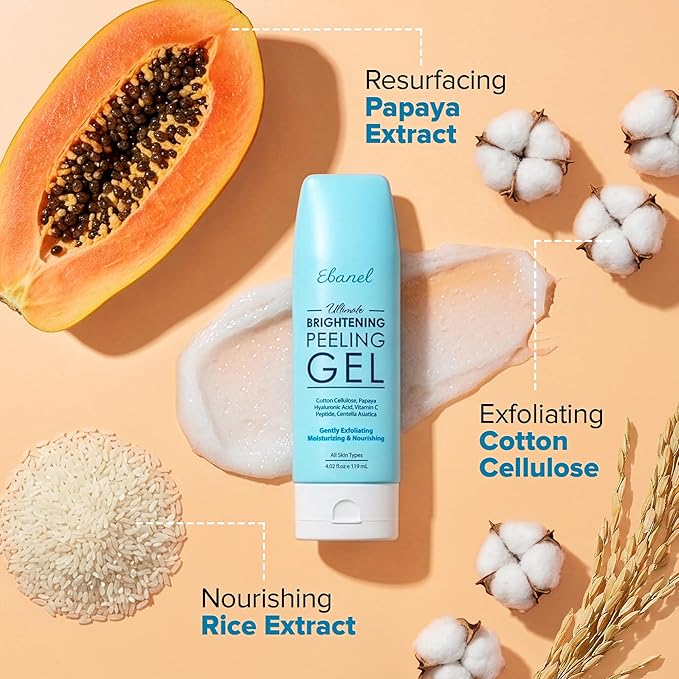 Ebanel 2-Pack Brightening Peeling Gel with Cotton Cellulose, Rice, Papaya, Centella, Hyaluronic Acid for Face and Body, Gentle Exfoliating Face Scrub Gel Peel Wash Pore Cleanser Minimizer Exfoliator