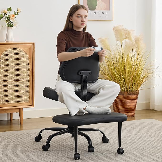 Ergonomic Cross Legged Office Chair, Criss Cross Chair with Wheels, 360°Swivel ADHD Meditation Kneeling Yoga Seat with Adjustable Height, Ergonomic Back Support and Leg Rest, Leather (Black)