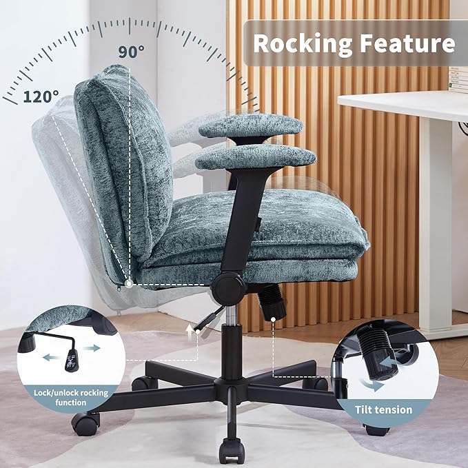 Cross Legged Office Chair, Height Adjustable Swivel Desk Chair with Flip-Up Arms, Padded Criss Cross Chair for Home Office & Bedroom