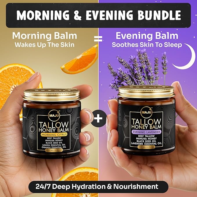 MAJU Tallow Honey Balm, Evening Lavender (2 oz), Grass Fed Beef Tallow for Skin with Organic Black Seed Oil, Manuka Honey and Organic Beeswax, Skin and Face Moisturizer for Deep Hydration