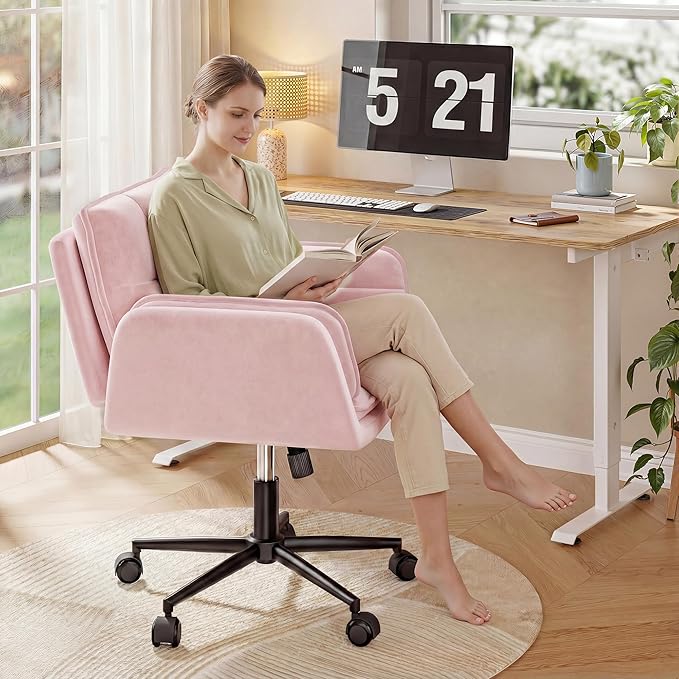 Criss Cross Chair with Wheels, Pink Desk Chair with Adjustable Armrests, Vanity Chair with Back for Bedroom, Makeup Room and Office Room