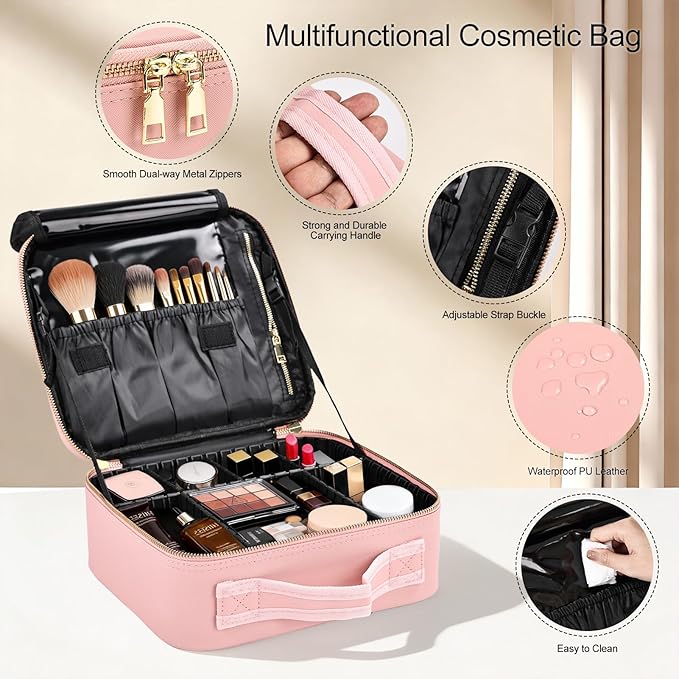 Travel Makeup Bag with Brush Holder, Professional Cosmetic Train Case Organizer for Women, Portable Travel Makeup Brush Carry Case Cosmetic Artist Storage Box with Adjustable Dividers, Leather Pink
