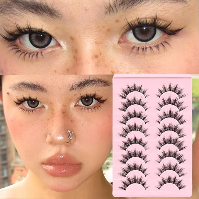 Veleasha Lashes Kit Manga Eyelashes Cat Eye Lash with Clear Band Spiky Lashes Natural False Eyelashes Cospaly Strip Lashes Anime Wispy Korean Fake Eyelash 8 Pairs with Glue&Tweezers(Sunny Clear Kit)