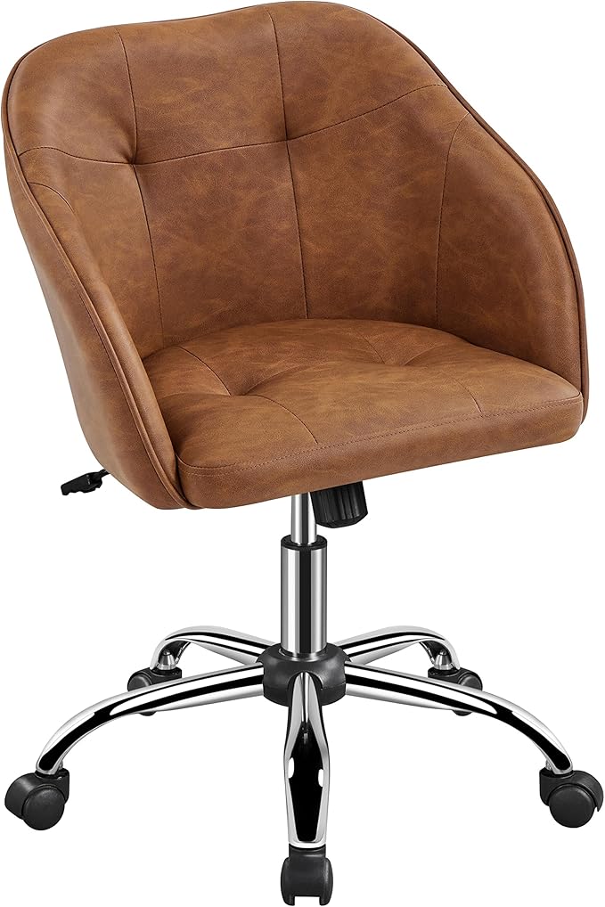 Yaheetech Home Office Desk Chair Vanity Chair with Back Small Leather Computer Chair with Swivel Wheels Modern Accent Armchair for Office Bedroom Retro Brown