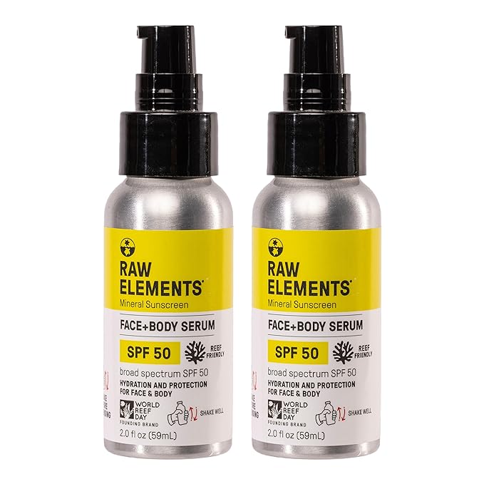 Raw Elements Face + Body Serum SPF 50 All-Natural Mineral Sunscreen - Reef Safe, Water Resistant, Broad Spectrum UVA/UVB Protection, Safe For All Ages, Travel Size 2oz (Pack of 2)