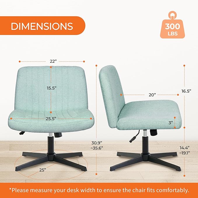 NEO Chair Criss Cross Chair No Wheels Armless Cross Legged Office Desk Wide Comfy Vanity Makeup Chair Adjustable Computer Task for Home Office Fabric (Mint)