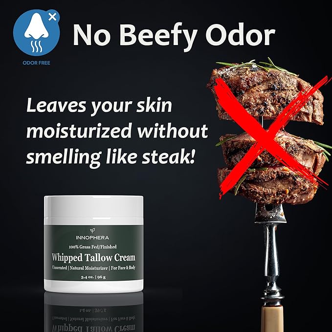 Whipped Beef Tallow Cream for Skin Care ‒ Grass Fed & Grass Finished ‒ 100% Natural Moisturizer for Sensitive Skin ‒ Handmade Face & Body Lotion ‒ Unscented & Odorless ‒ 3.4 oz.