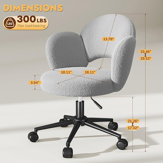 Petal Vanity Chair, Cute Vanity Chair with Wheels, Height Adjustable, Velvet Desk Chair for Study, Makeup & Relaxation, Grey
