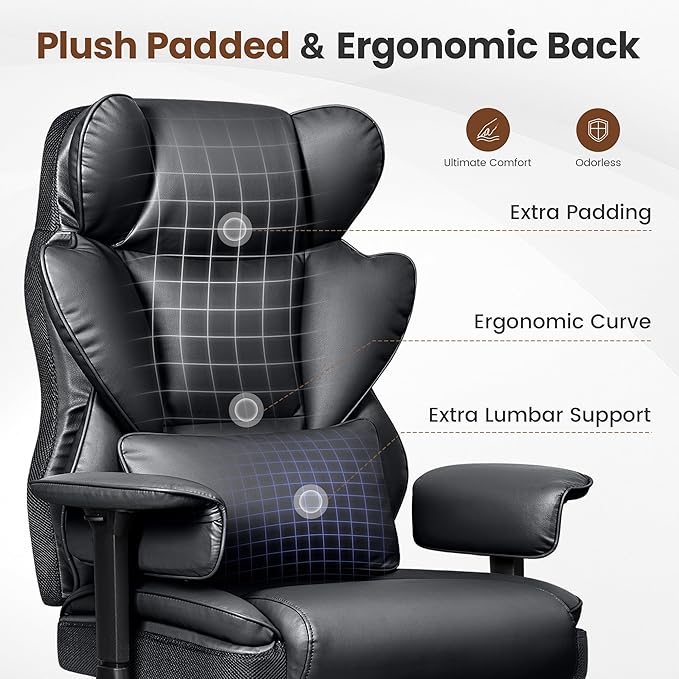 Big and Tall Office Chair - Heavy Duty 400 LBS Executive Chair with Foot Rest, High Back Ergonomic Desk Chair, Padded Wide Seat Gaming Chair, Adjustable Armrests, Black 2 Pack
