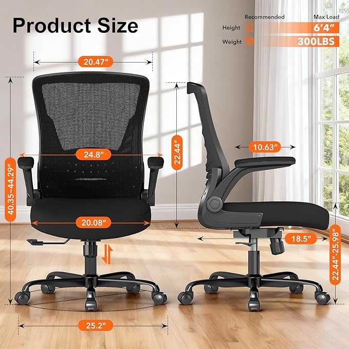 Ergonomic Office Chair – Comfy Mesh Desk Chair with Flip-Up Armrests & Silent Wheels, Adjustable Height Home Computer Chair, Breathable & Supportive for Long Hours Sitting