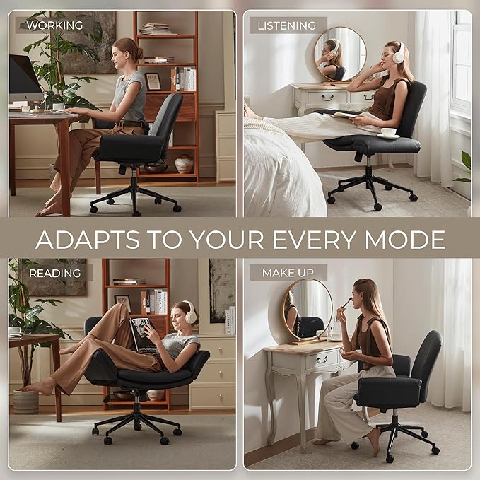 Dowinx Criss Cross Chair with Five-Level Adjustable Arms and Wheels - Comfortable Ergonomic PU Leather Swivel Vanity Chair - Computer Makeup Gaming Chair for Home Office, Bedroom, Living Room (Black)