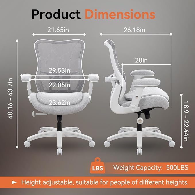 Big and Tall Office Chair 500lbs Heavy Duty Ergonomic Mesh Desk Chair with 23.6" Extra Wide Seat, 29.5" High Back, Adjustable Lumbar Support Flip-Up Arms for Large Body Types(Light Gray)