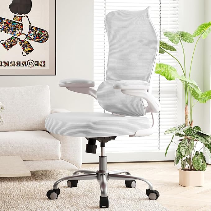 TRALT Ergonomic Office Chair - Desk Chair with Wave High Back Adjustable Lumbar Support Computer Chair - Gaming Chairs Mesh Backrest and PU Leather Seat for Home Reading Chairs to Adults(White)