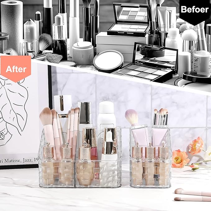DASITON Makeup Brush Holder Organizer, 3 Slots Acrylic Makeup Brushes Storage Cup, Woven Texture Make Up Brush Holder for Vanity Bathroom Office, Pen Holder for Desk, Cosmetic Display Cases (Clear M)