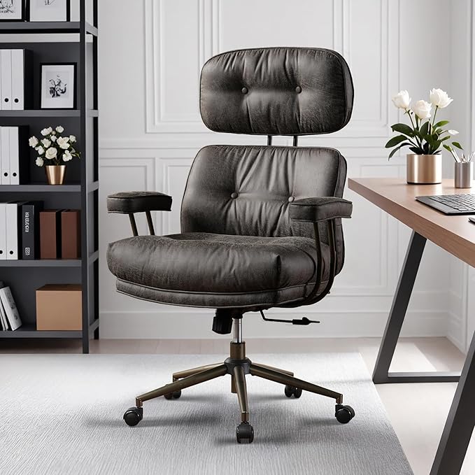 HOOOWOOO Ergonomic Mid Century Modern Office Chair, Comfy Executive Chair with Extra Wide Tufted Cloudy Seat, Lumbar Support, High Reclining Back, Suede Leather Grey