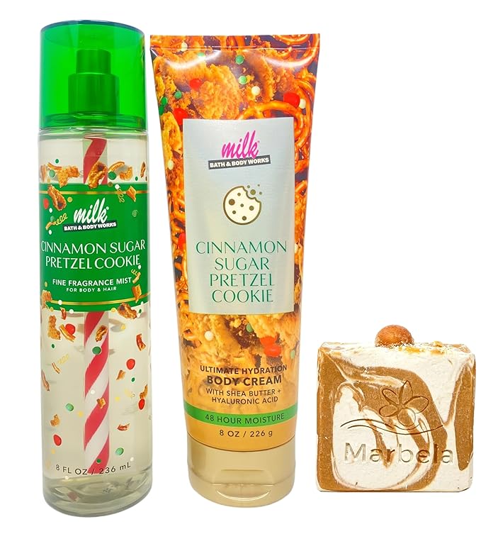 Bath & Body Works Cinnamon Sugar Pretzel Cookie Fine Fragrance Mist and Ultimate Hydration Body Cream with a Peach Gardenia Bar Soap