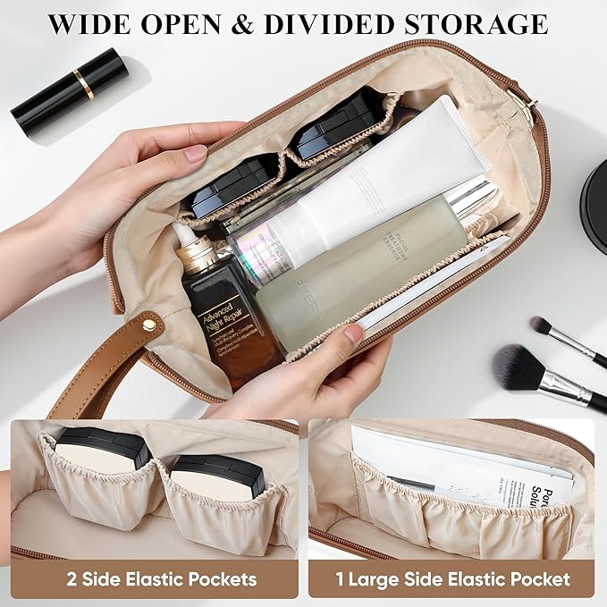 Travel Makeup Bag, Large Capacity Double Layer Cosmetic Bags for Women, Waterproof Portable Make Up Skincare Pouch with Makeup Brush Organizer, Toiletry Bag for Essentials, Beige & Brown
