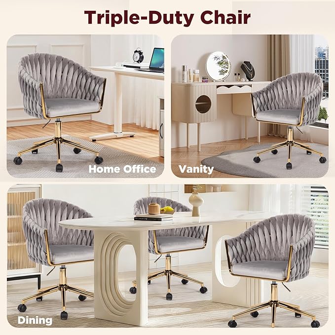 Velvet Office Chair with Hand Woven Back, Vanity Desk Chairs with Golden Wheels, Swivel Home Office Desk Chair, Accent Makeup Desk Chair for Bedroom, Living Room(Grey)