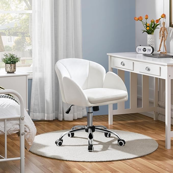 Yaheetech White Desk Chair Vanity Chair with Back Modern Faux Leather Swivel Rolling Office Computer Armchair for Living Room, Bedroom