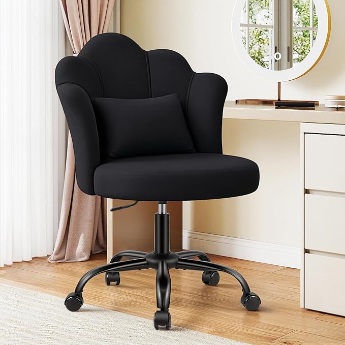 Petal Vanity Chair with Wheels, 3.15" Extra Thick Comfy Makeup Chair, Adjustable Modern Swivel Armless Desk Chair for Girls Women, Aesthetic Small Office Chair for Bedroom Dorm