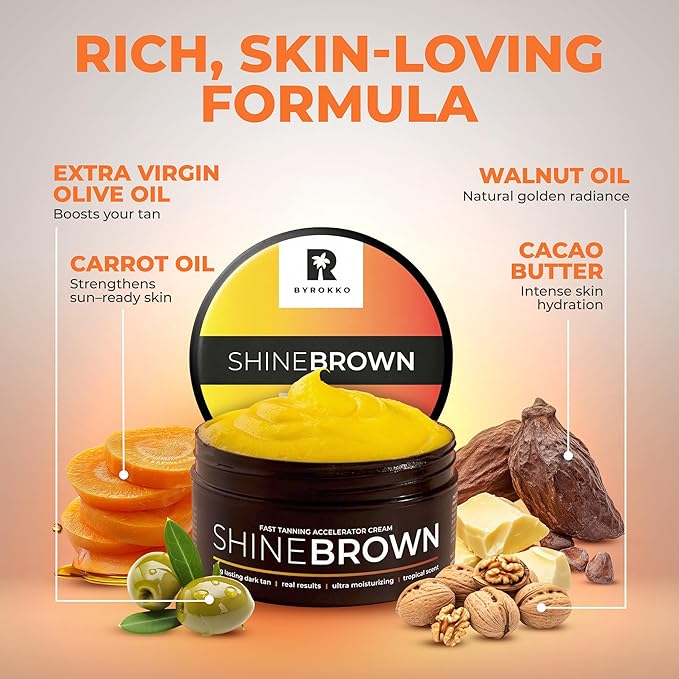 BYROKKO Shine Brown Tanning Accelerator Lotion - Indoor & Outdoor Fast Dark Tan Cream with Bronzer - Natural Botanical Oils for Face & Body - Water Resistant Formula - 7.1 Fl Oz Original