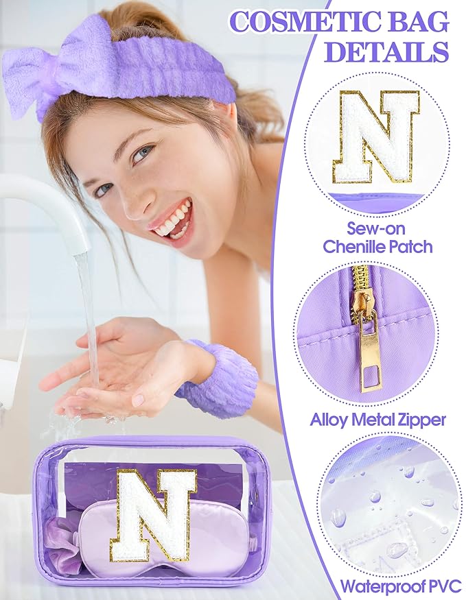 Gift Sets for Women, Initial Makeup Bag with Makeup Brush Set Bachelorette Party Favors, Purple Spa Kit with Skincare Headbands Wrist Bands Sleepover Party Supplies Gifts for Teen Girls Bridesmaid N