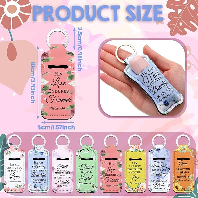 72 Pcs Christian Bible Lipstick Holder Key Chain Lip Balm Holder Gift Bulk with Metal Ring Lipstick Lip Gloss Pouch Religious Party Bible Inspiration Gift for Women Man Church(Blooming)