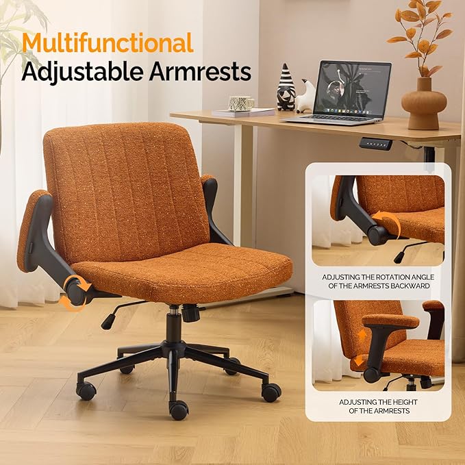 VINGLI Criss Cross Chair with Adjustable Flip-Up Arms,Cross Legged Chair with Wheels,Extra Wide Office Chair,Desk Chair for Home Office,Vanity,Bedroom, Apartment,Starry Chenille,Burnt Orange
