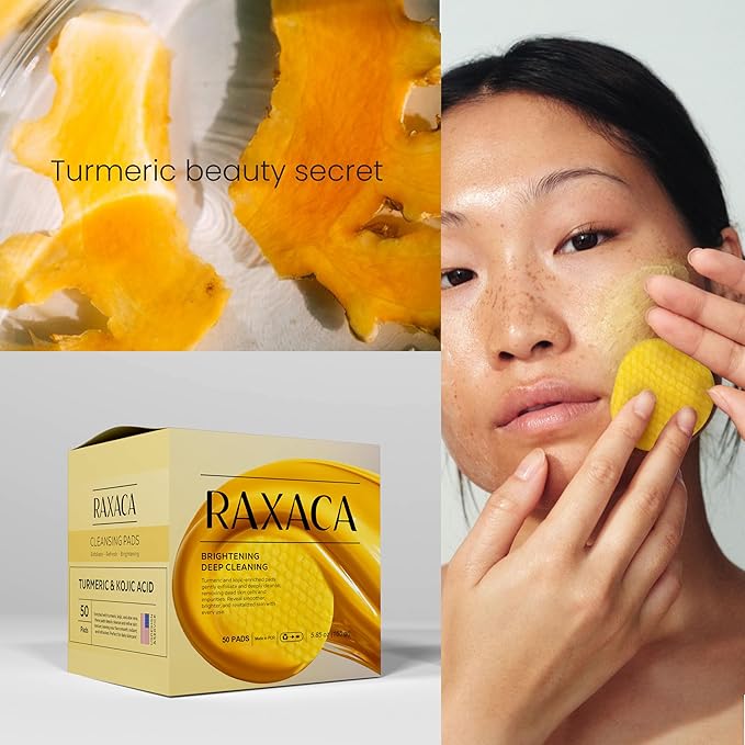 Kojic Acid Turmeric Exfoliating Cleansing Pads with Vitamin C in Cotton Pads, Dark Spots Remover & Deep Clean Pores for Face - 50 Pcs.