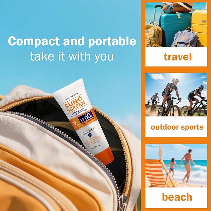 Body & Face Sunscreen SPF 60 Travel Size Sunscreen Lotion Broad Spectrum No White-Residue Non-Sticky Water Resistant for All Skin Types Travel Essentials for Women Men Reef Safe 1.41oz