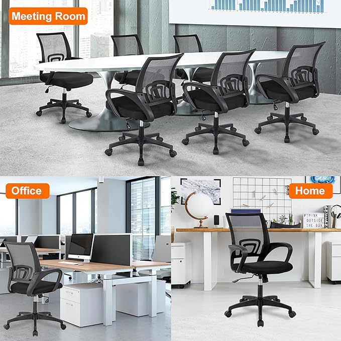 BestOffice | Ergonomic Office Chair | Mid-Back Swivel Desk Chair | Breathable Backrest & Lumbar Support | Adjustable Height | Sponge Seat | Rolling Wheels | Black | for Adults & Women | Pack of 2