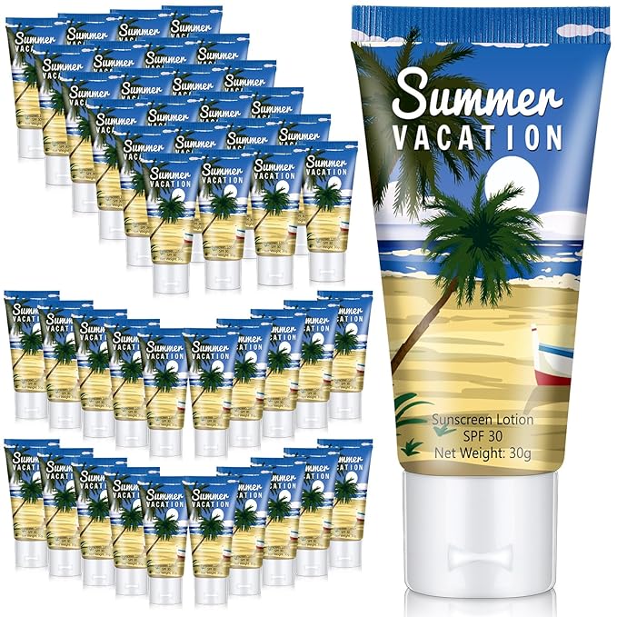 72 Pcs Mini Sunscreen Bulk for Summer Party Wedding SPF 30 Water Resistant Sunscreen Lotion Bulk 1oz Travel Size for Thank You Gifts Wedding Party Supplies (Summer Vacation)