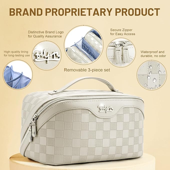 BOYATU Travel Makeup Bag Organizer: 3 Pcs Set Large Capacity Cosmetic Bags Holds 10–20 100ml Full-Size Bottles - 180°Open-Flat Make up Case 3-sec touch-up - Toiletry Bag Gift women (01-D-Beige)