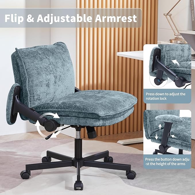 Cross Legged Office Chair, Height Adjustable Swivel Desk Chair with Flip-Up Arms, Padded Criss Cross Chair for Home Office & Bedroom