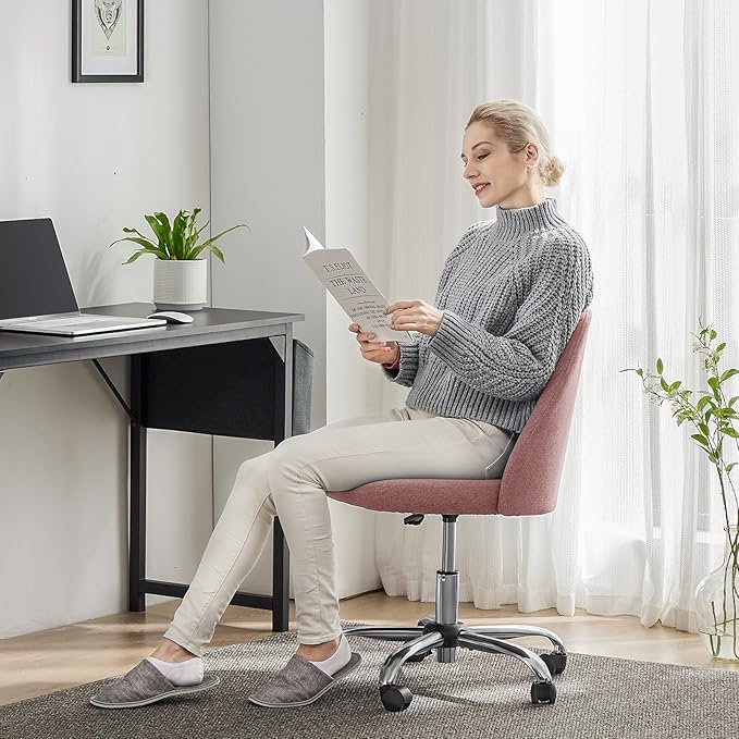 Sweetcrispy Armless Vanity Chair, Cute Comfy Home Office Desk Chair with Wheels, Modern Upholstered Task Computer Seat for Bedroom, Study, Makeup Vanity, Height Adjustable & Swivel Fit, Dusty Pink
